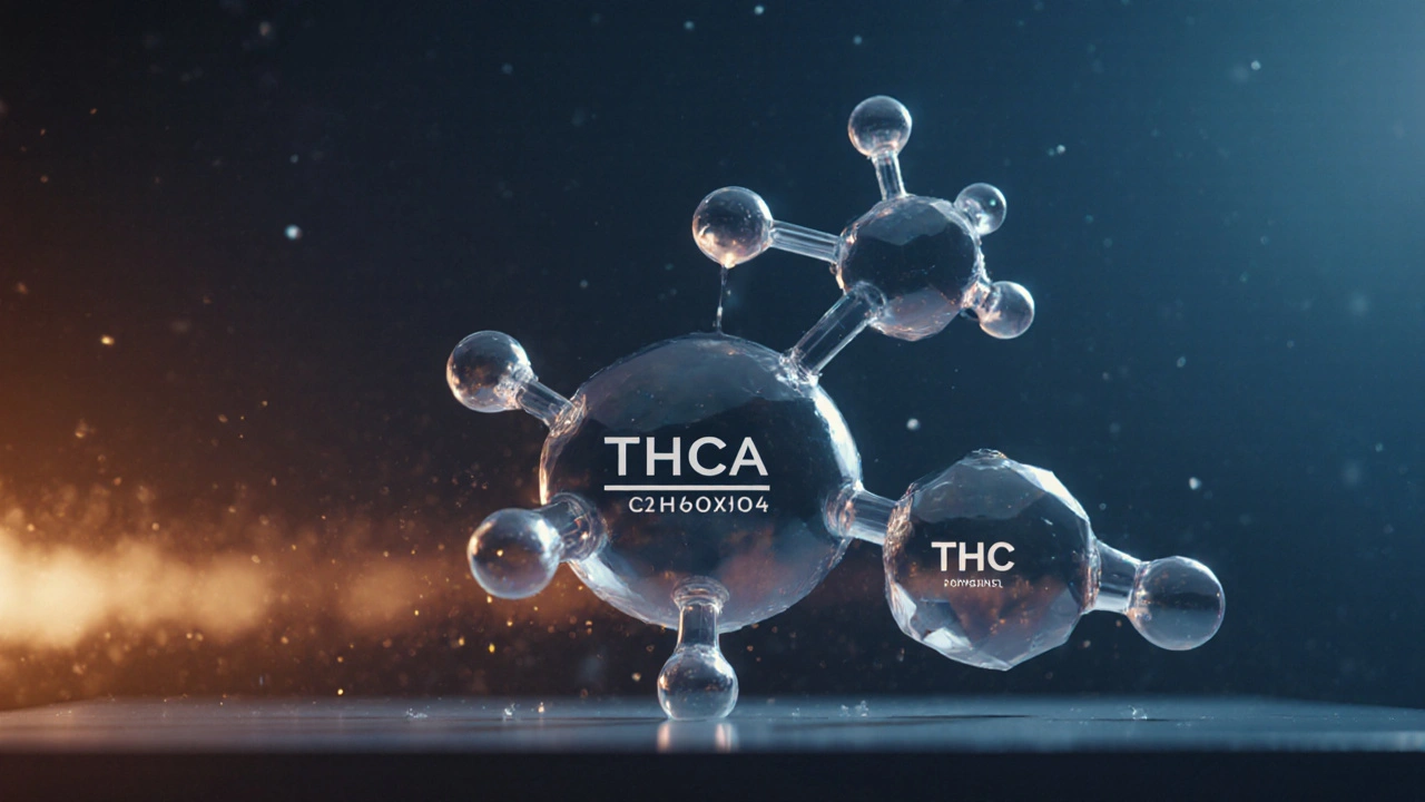 3‑D‑Darstellung, wie THCA CO₂ verliert und zu THC wird.