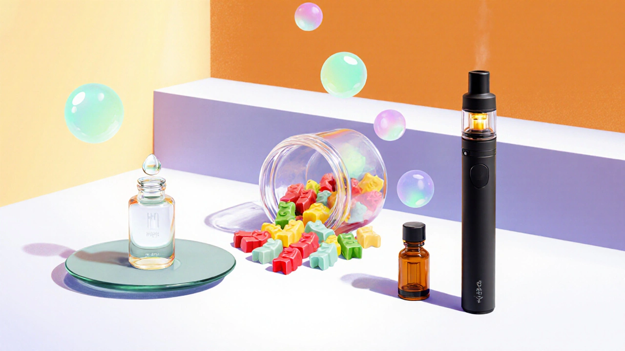 Auf einem hellen Bad-Absatz liegen HHC‑Öl‑Tropfen, bunte Gummies und ein Vape‑Pen, die leichte Effekte symbolisieren.