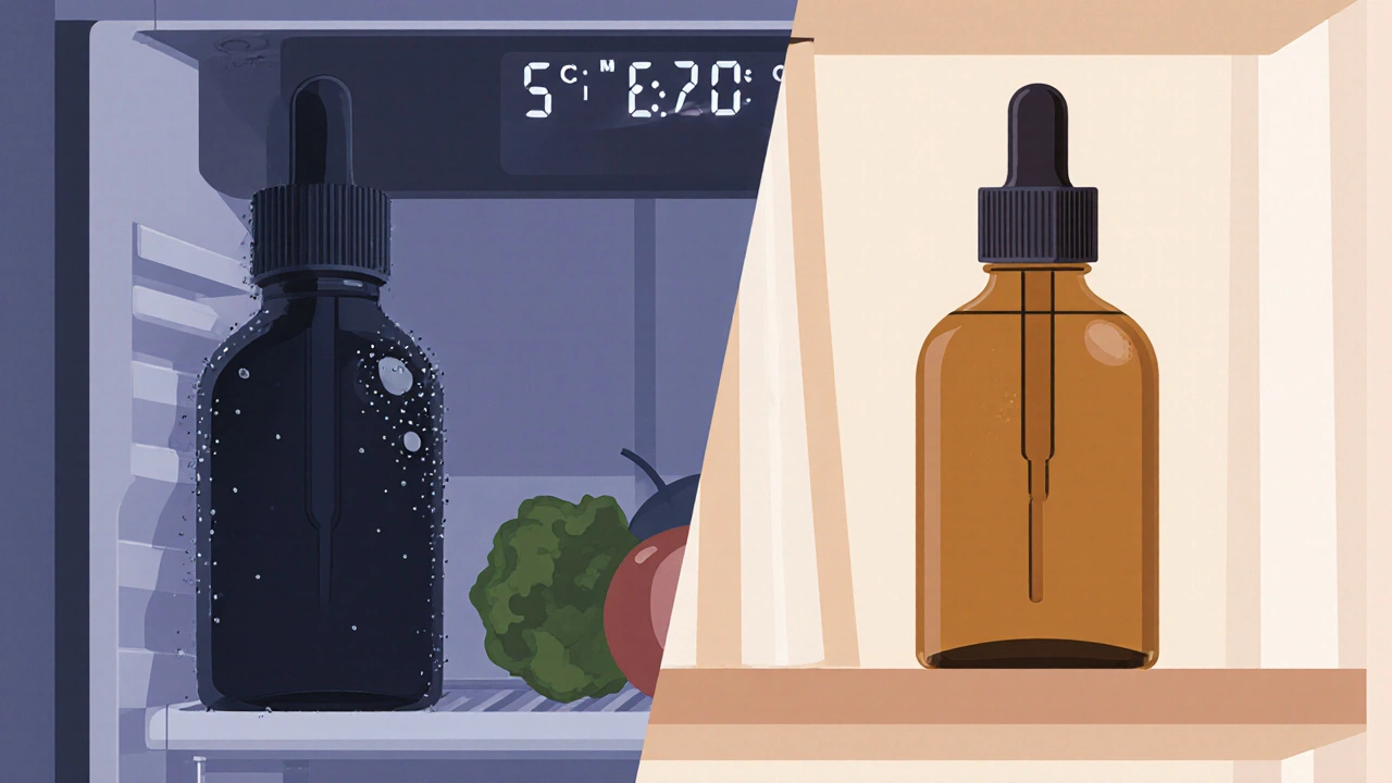 CBD‑Flasche im Kühlschrank hinterem Fach neben gleicher Flasche im trockenen Vorratsschrank.