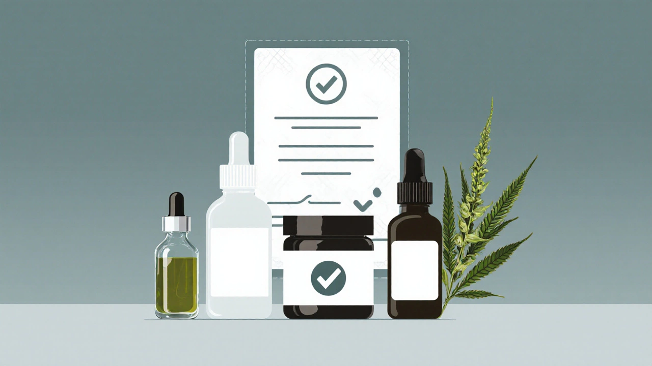 Collage von CBD‑Produkten, Laborzertifikat und adaptogenen Kräutern.