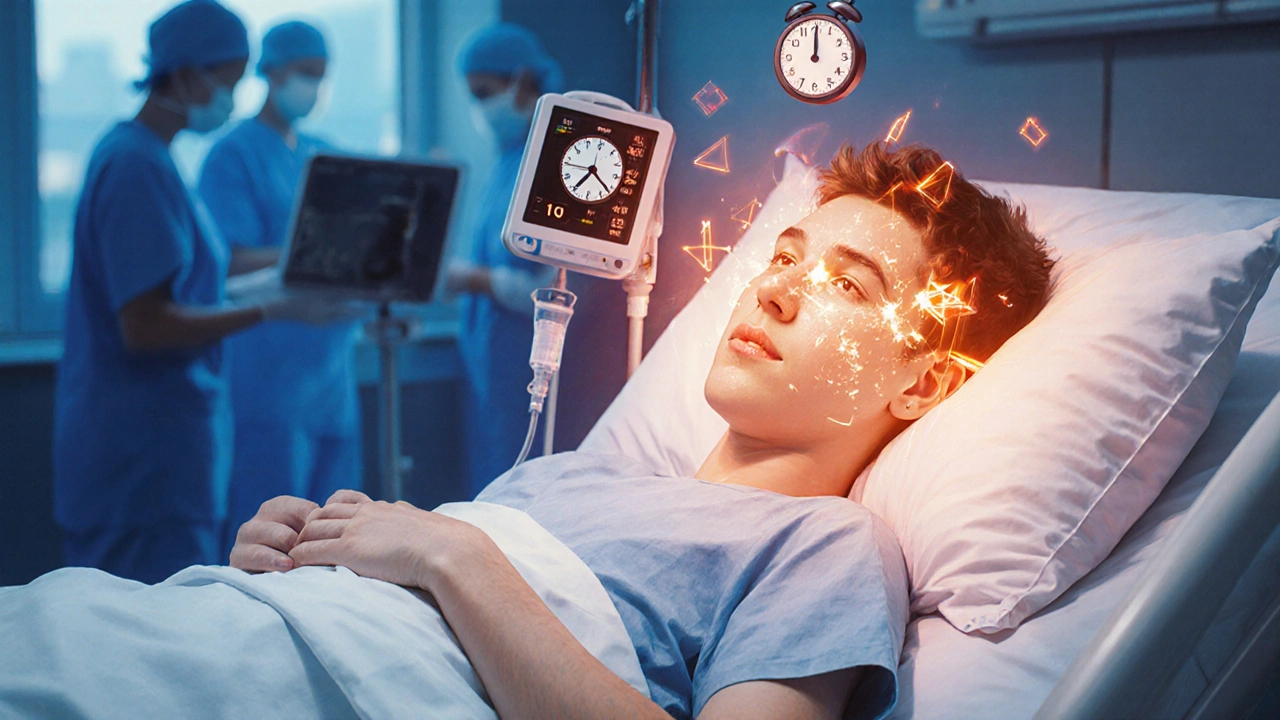 Ein junger Mensch im Krankenhaus mit Halluzinationen und einem unregelmäßigen Herzmonitor.