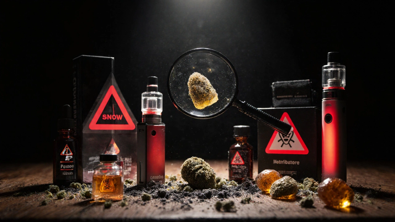 Ein Markt mit unmarkierten THCP-Produkten, von denen einige in Asche zerfallen und giftige Inhaltsstoffe offenbaren.