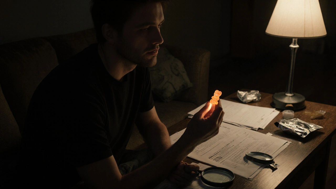 Erwachsener sitzt auf der Couch, hält THCP-Gummibärchen, warmes Licht, COA-Dokument auf dem Tisch.