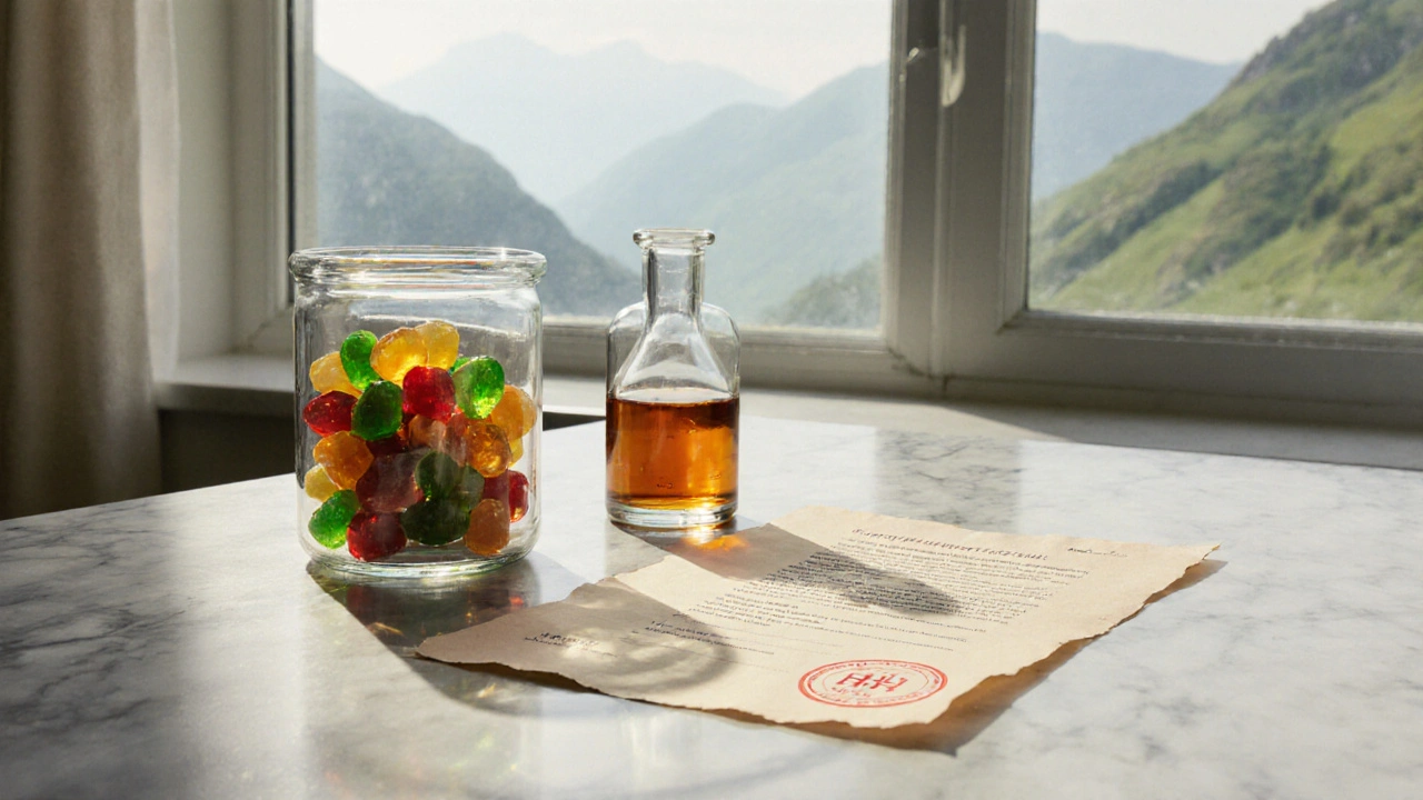 Gläserne Gummijar mit Laborprobe und offenem Analysebericht, vermittelt hochwertige, legale HHC‑Gummies.