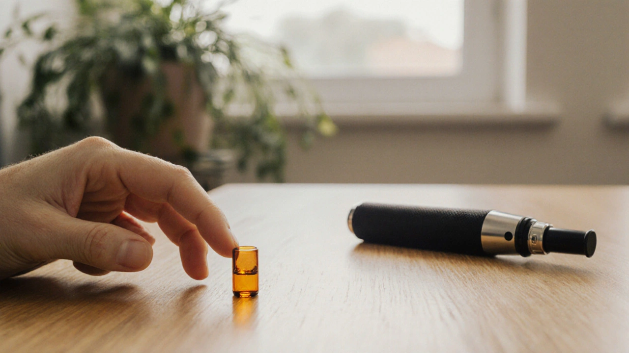 Hand legt Kapsel auf Tisch, Vape‑Pen bleibt unbewegt, beruhigender Wohnraum.