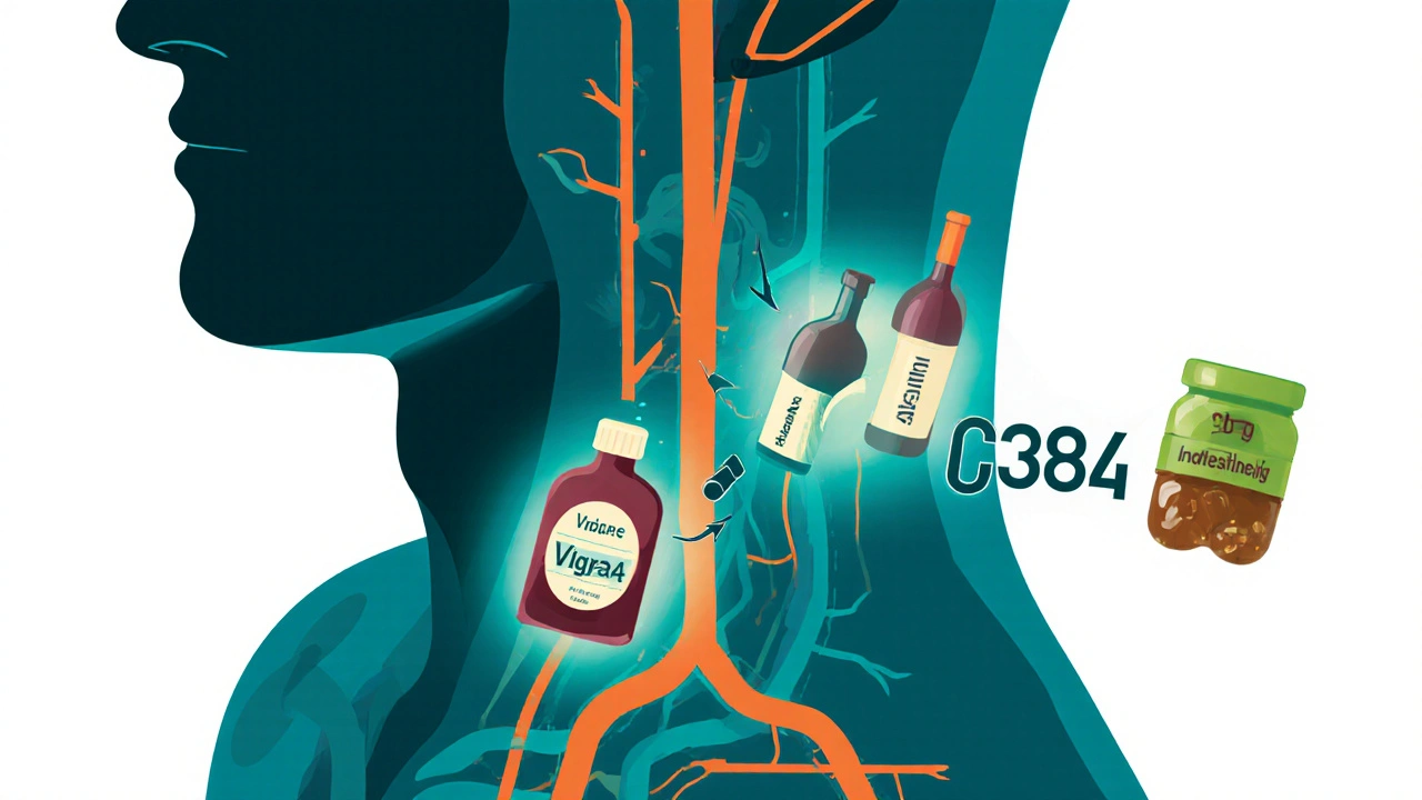 Illustration von Körperkreislauf mit Viagra, Nitraten, Alkohol und CBD‑Gummis, die Enzym CYP3A4 beeinflussen.
