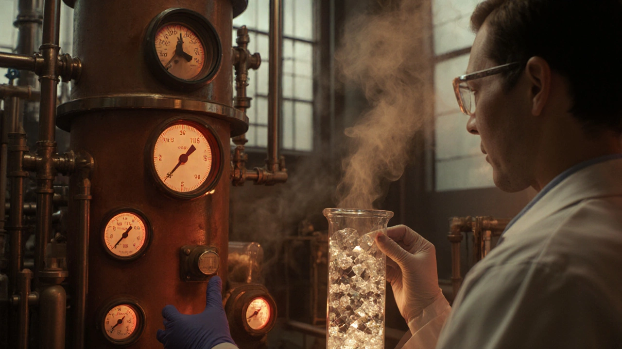 Industrie‑Labor mit Reaktor zur Hydrierung von THC zu HHC, Wissenschaftler beobachtet Kristallisation.
