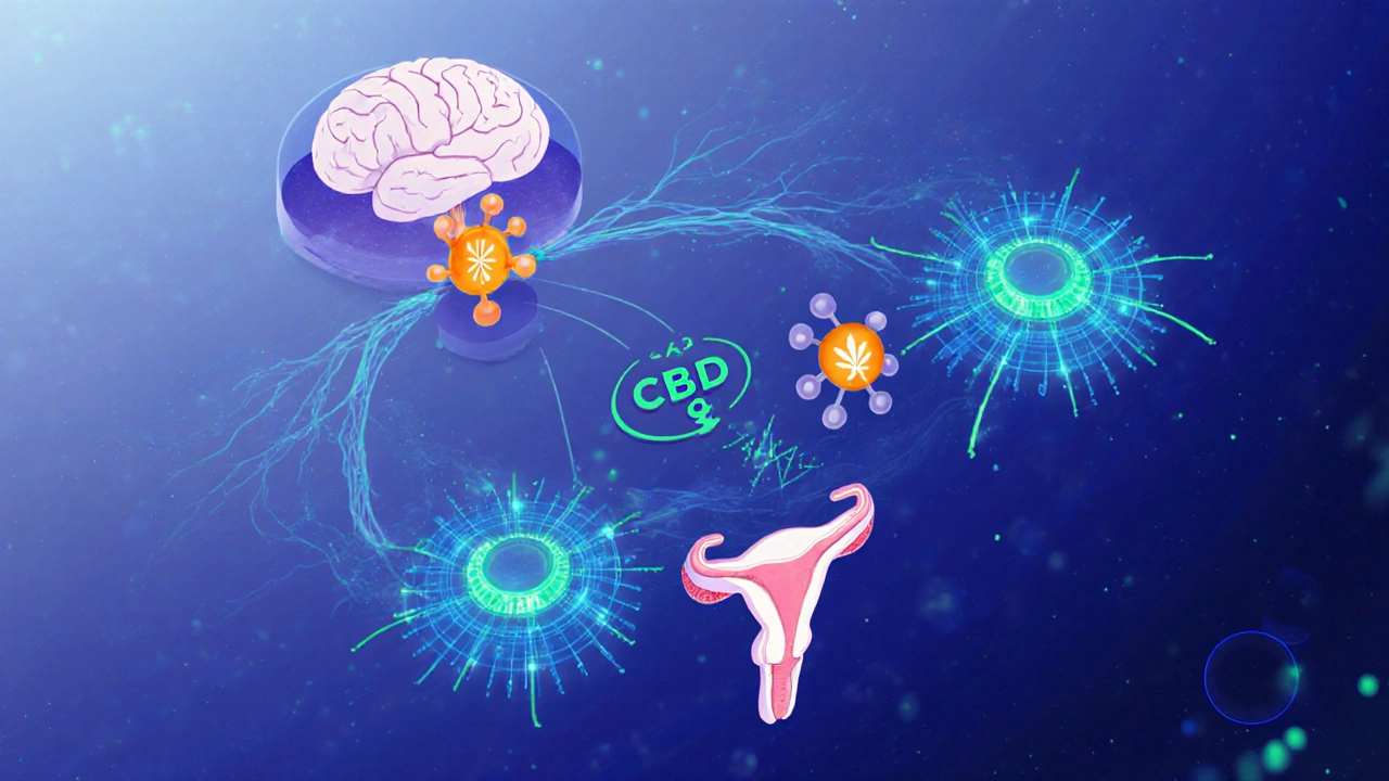 Künstlerische Darstellung von Hypothalamus, Hirnanhangdrüse und Hoden mit hervorgehobenen CBD‑ und Endocannabinoid‑Rezeptoren.