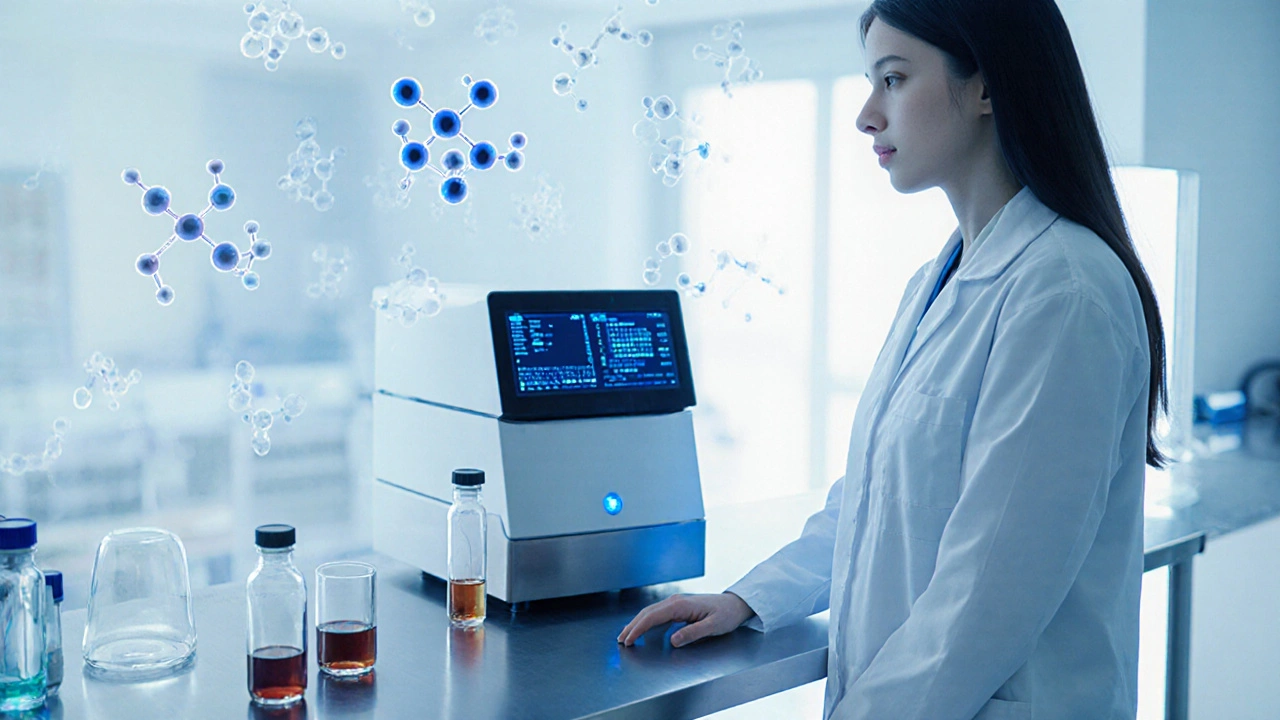 Labor mit Wissenschaftler, Urin‑ und Blutproben sowie Massenspektrometer zum Nachweis von Delta‑8.