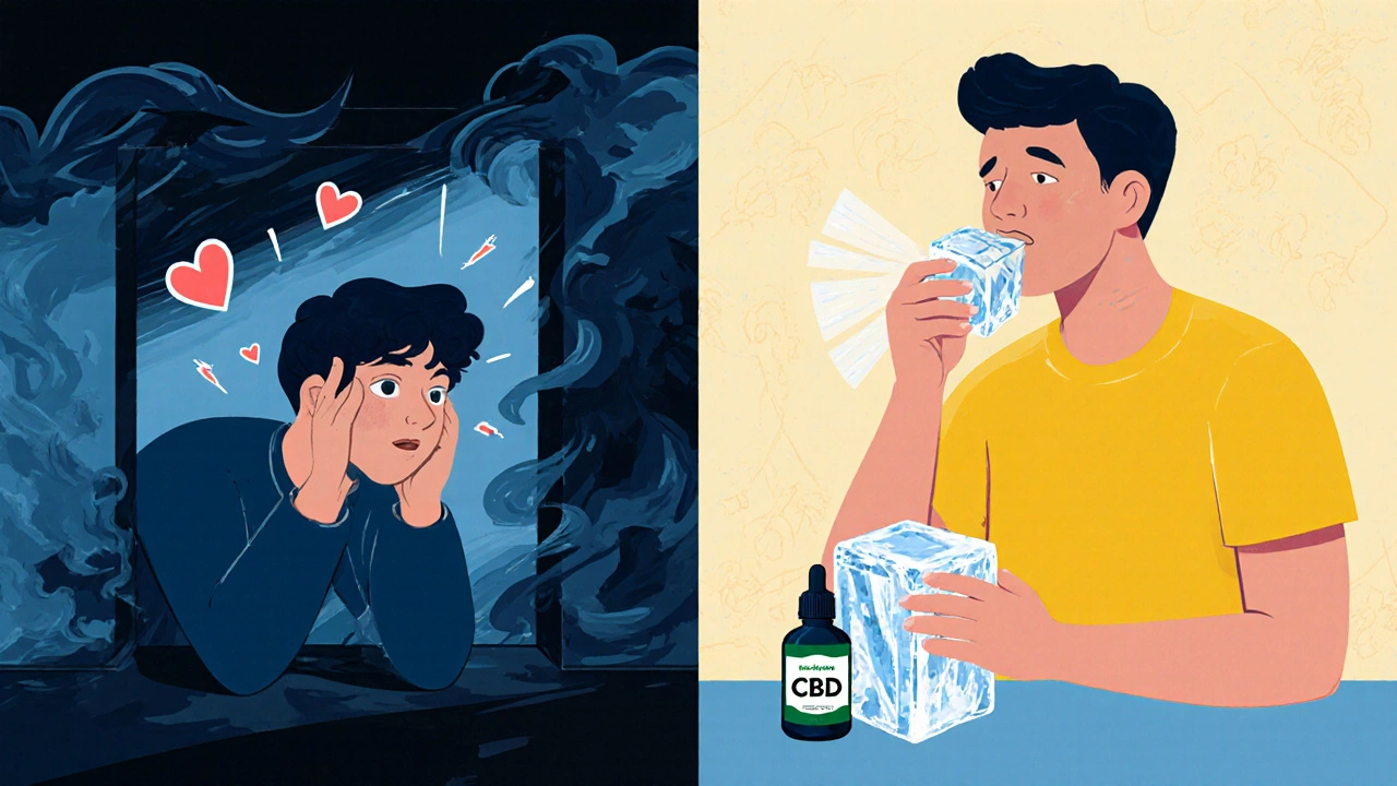 Mensch in angstvollem Zustand, geteilt zwischen Panik und Beruhigung durch CBD und kaltes Eis.