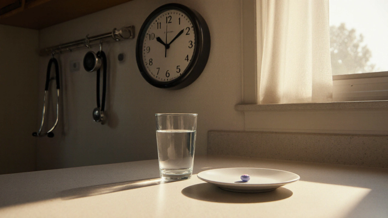Morgenszene mit Viagra‑Tablette, Glas Wasser, Uhr und Stethoskop, die Sicherheit betonen.