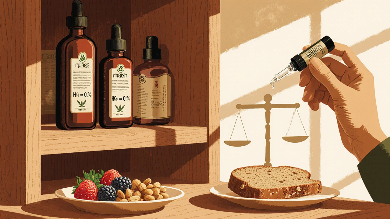 Österreichisches Regal mit HHC‑Flaschen und gesunden Snacks, daneben CBD‑Öl.