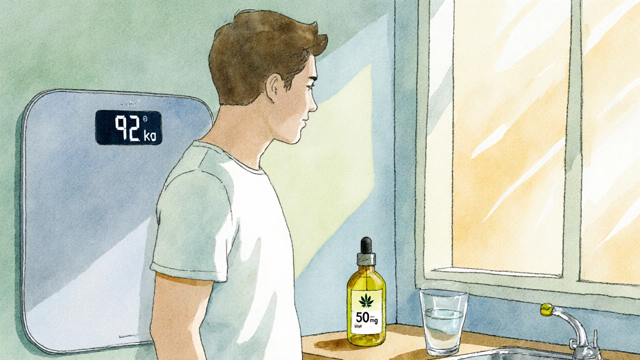 Person auf Küchenwaage, daneben CBD‑Öl und Kapseln, helles Tageslicht.