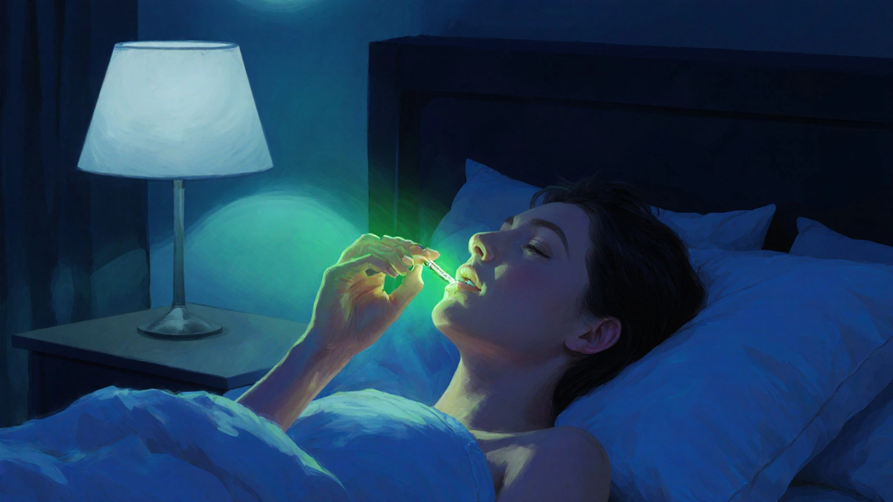 Person im Bett nimmt 100 mg CBD‑Öl, beruhigendes grünes Leuchten im Dunkeln.