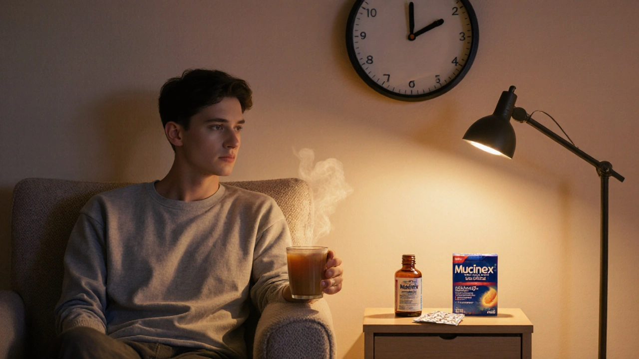 Person im gemütlichen Schlafzimmer nimmt CBD‑Öl und Mucinex im 2‑Stunden‑Abstand ein.