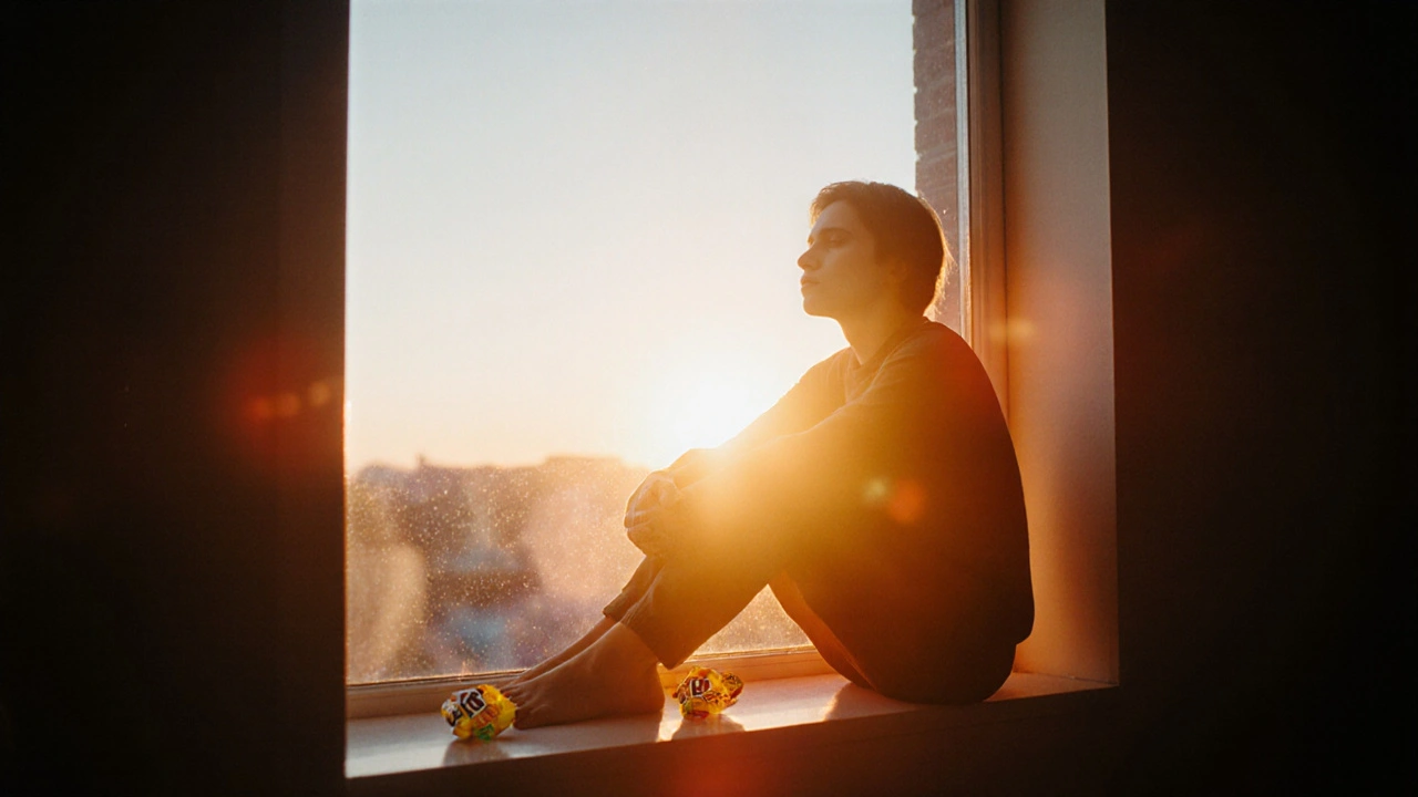 Person in ruhiger Pose am Fenster bei Dämmerung, umgeben von sanftem Licht der Entspannung.