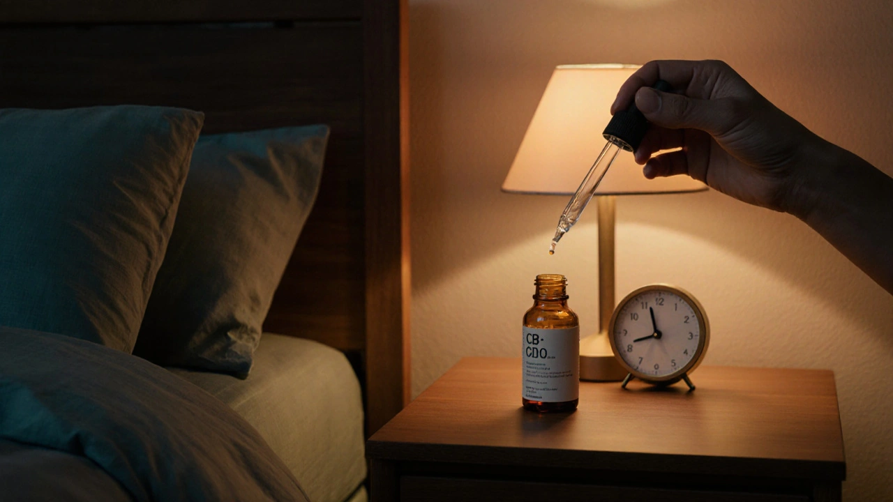 Person nimmt sublinguales CBD‑Öl vor dem Schlafengehen, Uhr zeigt 22:30.
