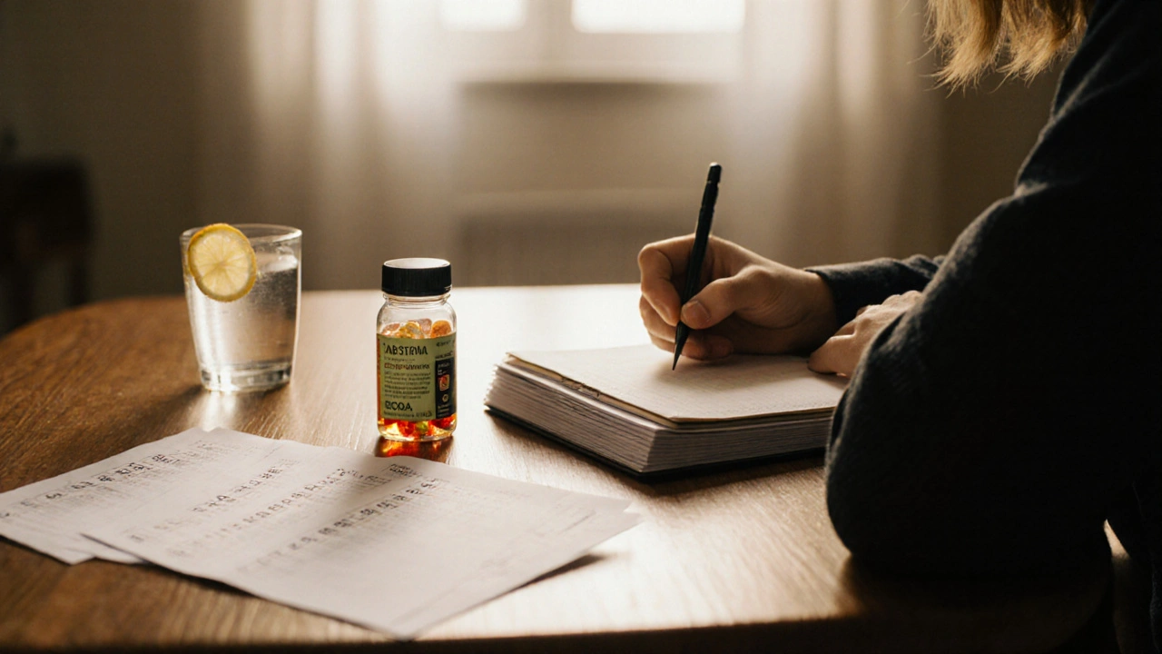Person schreibt in ein Journal, neben ihr CBD‑Gummis und Labor‑Testberichte, warme Lichtstimmung.