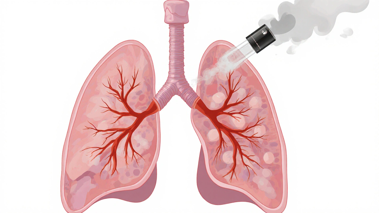 Querschnitt der Lunge mit Dampfwolke aus Vaping‑Gerät, leichte Reizung der Bronchien.