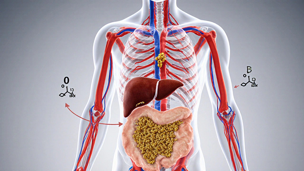 Querschnitt eines menschlichen Körpers zeigt Delta‑8 im Blut, Fettgewebe und Lebermetabolismus.