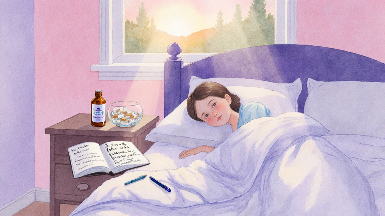 Ruhiges Schlafzimmer mit Schlafjournal, CBD‑Öl, Melatonin und schlafender Person.