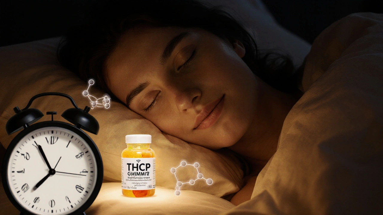 Schlafende Person, THCP‑Gummy leuchtet leicht, melatonin‑ und L‑theanin‑Moleküle schweben.