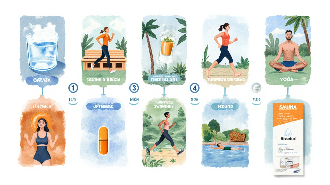 Sieben‑Tage‑Detox‑Plan als Bildfolge: Wasser, Joggen, Sauna, Yoga, Spaziergang, etc.