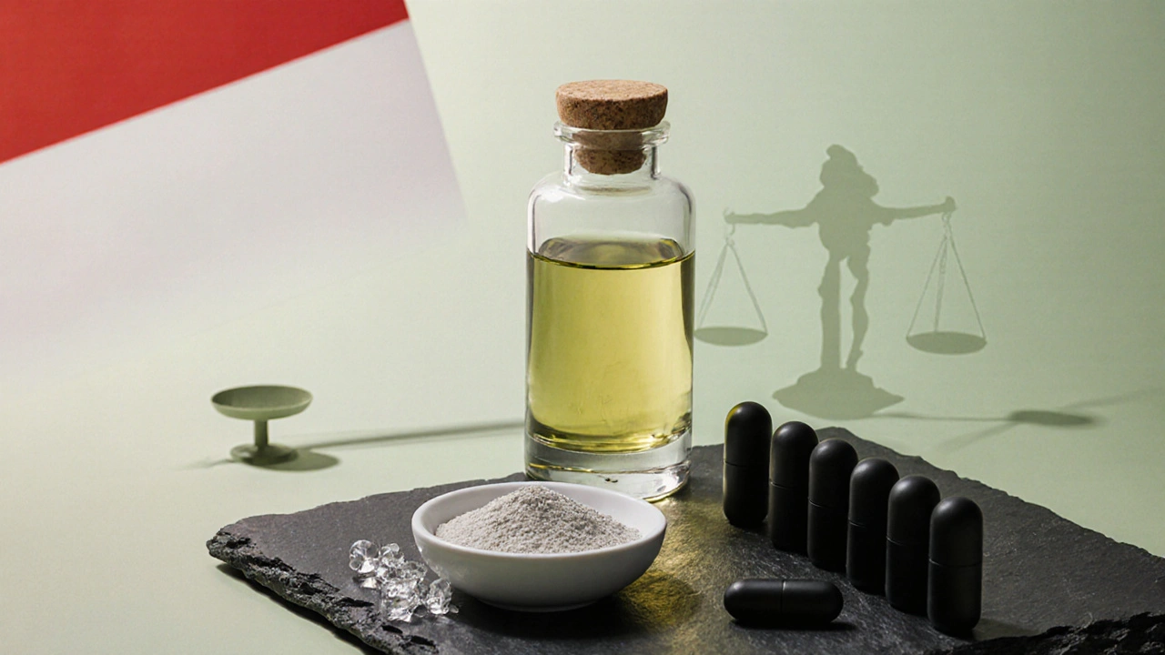 THCa‑Öl, Kristallpulver und Kapseln als beruhigendes Still‑leben, Hinweis auf Legalität.