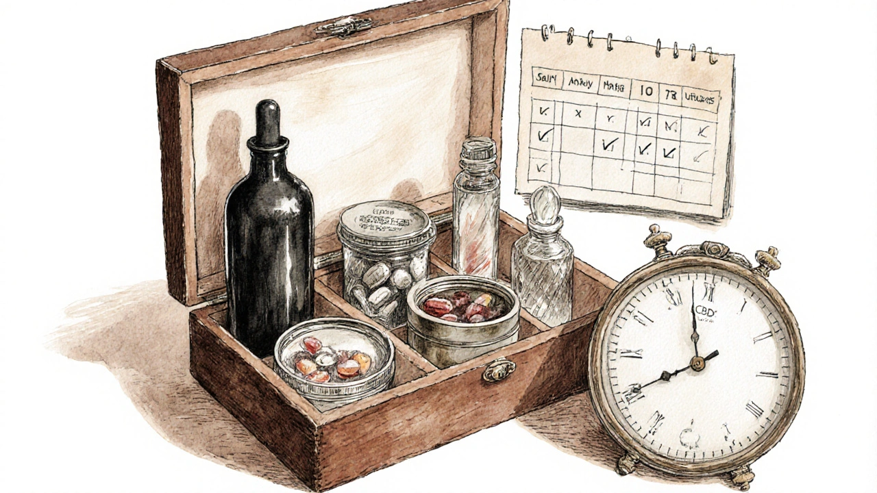 Vintage‑Illustration eines Aufbewahrungsbehälters mit CBD‑Öl, Kapseln, Gummis und Kristallen, Kalender für 12 Monate.