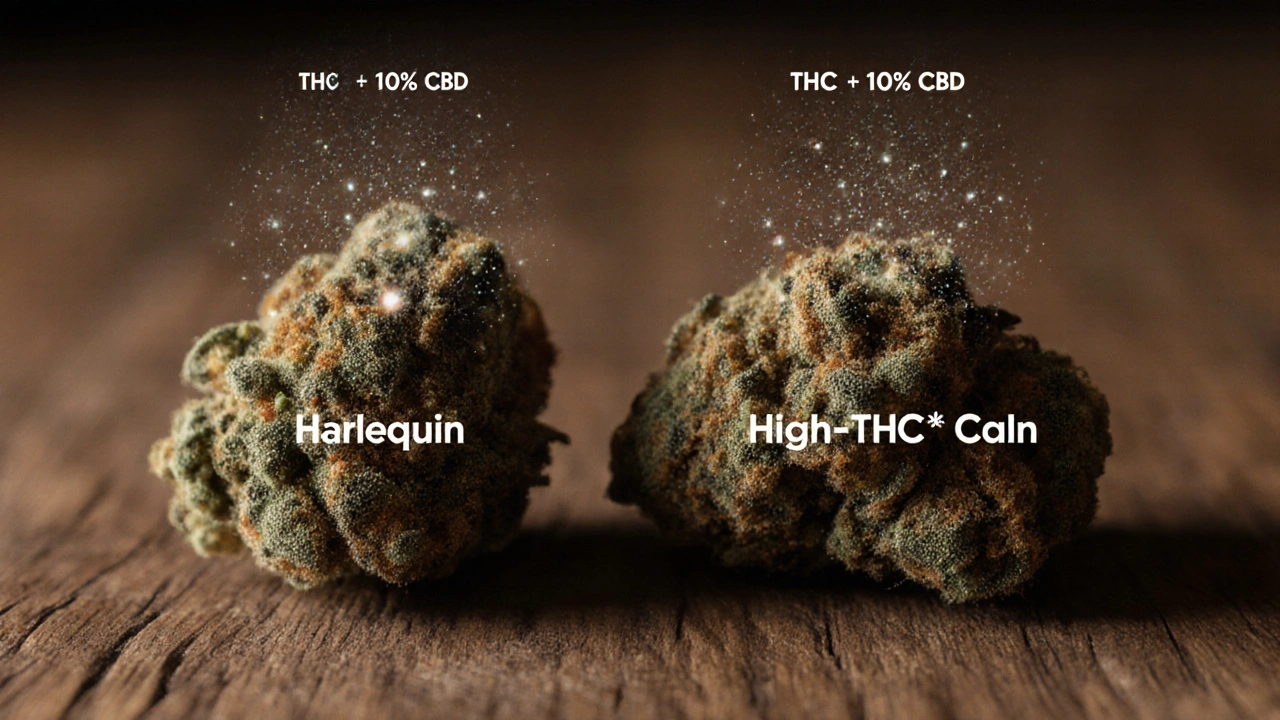 Zwei Cannabissorten mit detaillierten THC- und CBD-Werten liegen nebeneinander auf Holz.