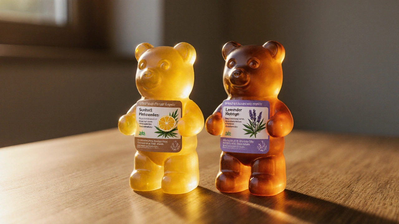 Zwei gleiche Gummibärchen mit unterschiedlichen ätherischen Ölen als Symbole für Sativa und Indica.