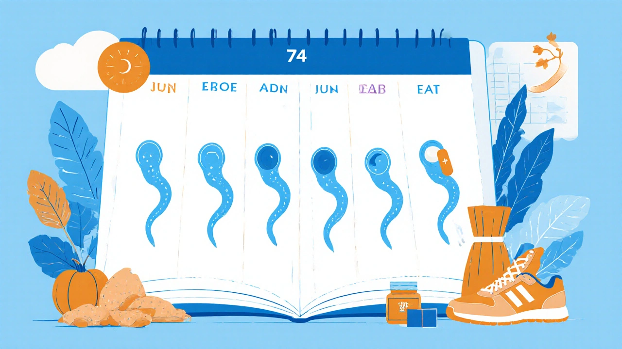 74-Tage-Kalender zeigt Spermienentwicklung, CBD-Kapsel liegt darauf.