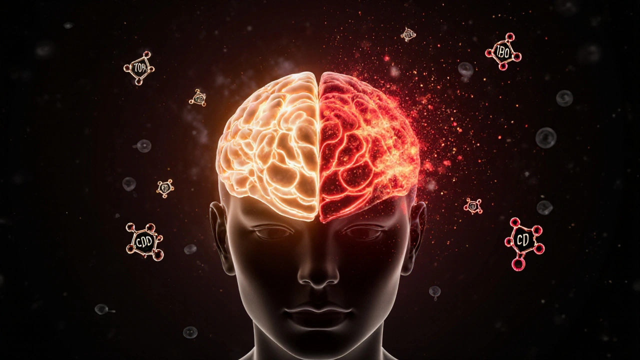 Abstrakte Darstellung eines Gehirns mit zwei unterschiedlichen Lichtwegen, die unterschiedliche THC-Wirkungen symbolisieren.