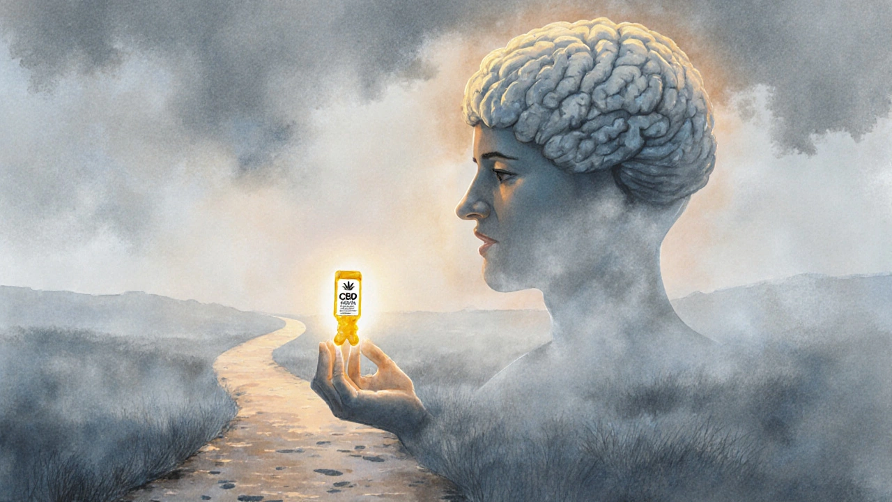 Abstrakte Darstellung eines vernebelten Geistes, der durch eine CBD-Gummibärchen-Lichtquelle aufgeklärt wird.