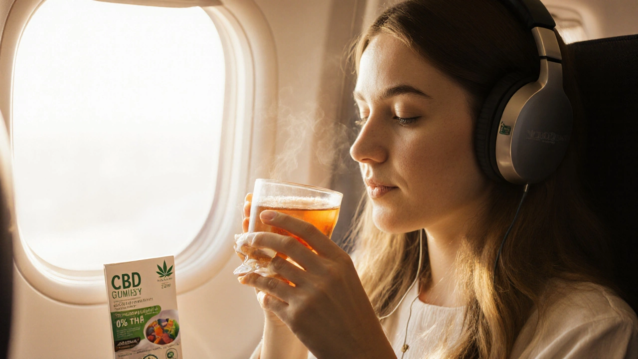 Beruhigter Reisender mit CBD-Gummis und Tee an Bord eines Flugzeugs