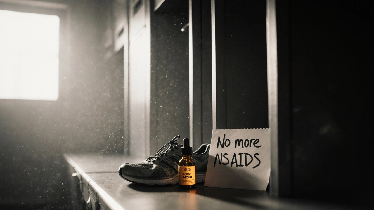 CBD-Flasche neben Laufschuhen in einer leeren Umkleidekabine am Morgen.