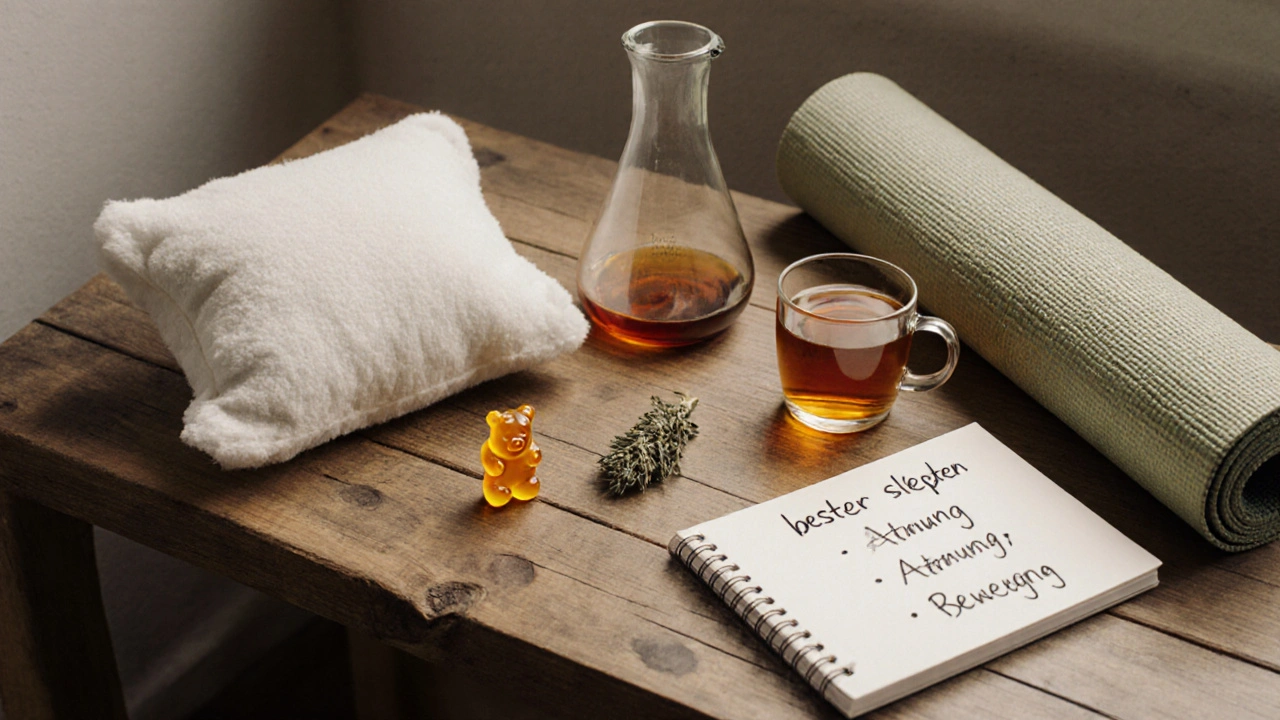 CBD-Gummibärchen neben Wärmflasche, Tee und Notizen als alternative Entspannungsmethoden.