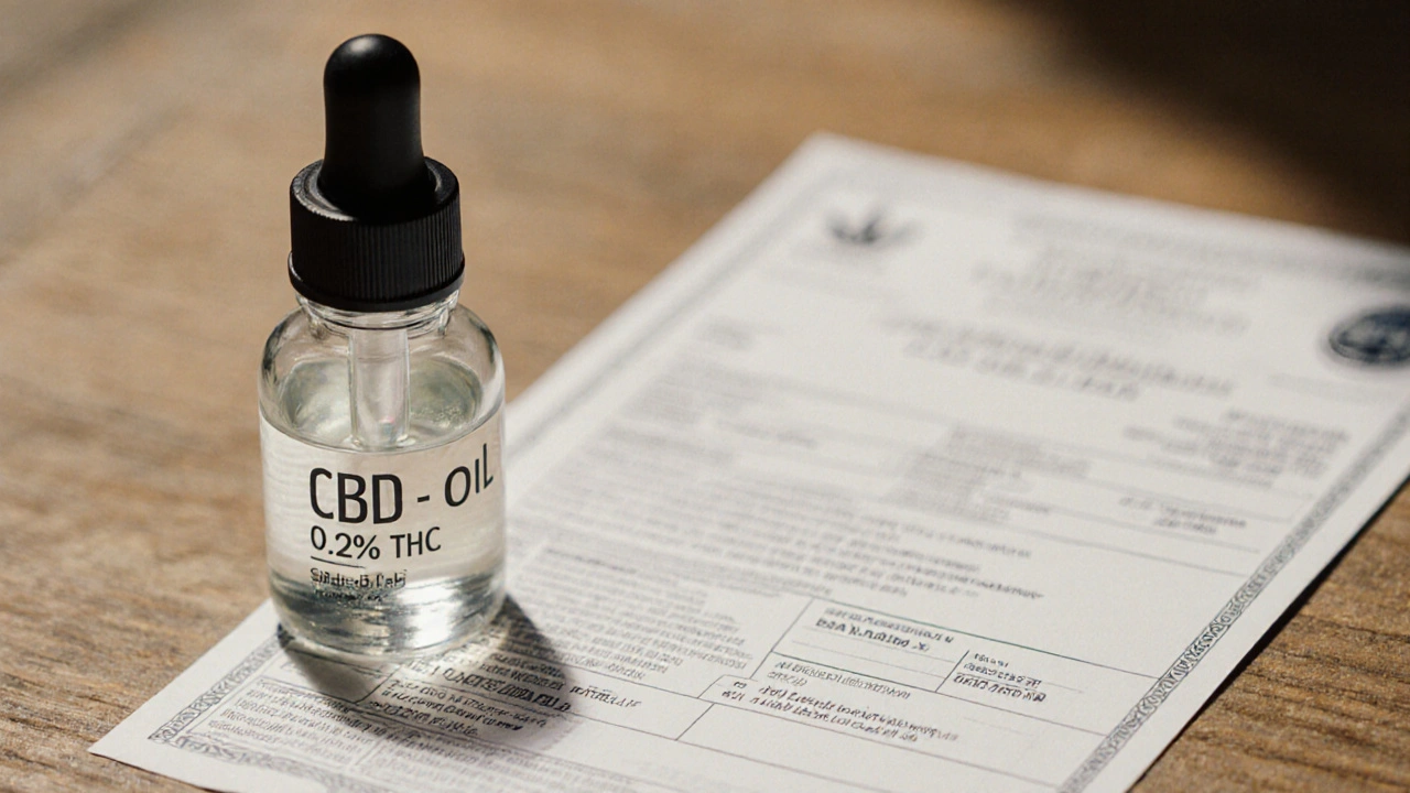 CBD-Ölflasche mit Laborzertifikat auf Holzoberfläche.