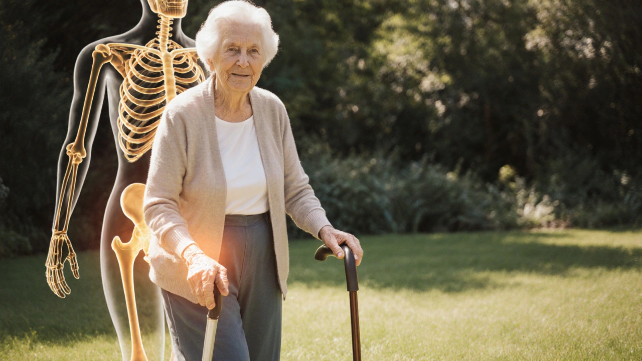 Eine ältere Frau spaziert im Sonnenlicht durch den Garten, sichtlich entspannt, mit einem symbolischen goldenen Licht um ihre Gelenke.