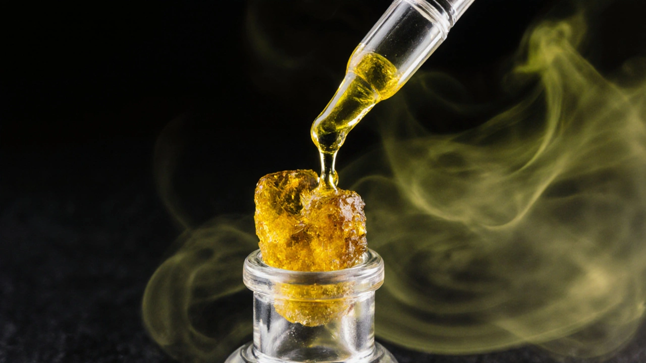 Goldener Live Resin-Tropfen verströmt aromatischen Dampf auf heißer Oberfläche.