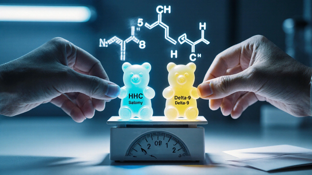 Hände legen zwei Gummibärchen auf eine Waage, chemische Strukturen schweben dahinter.