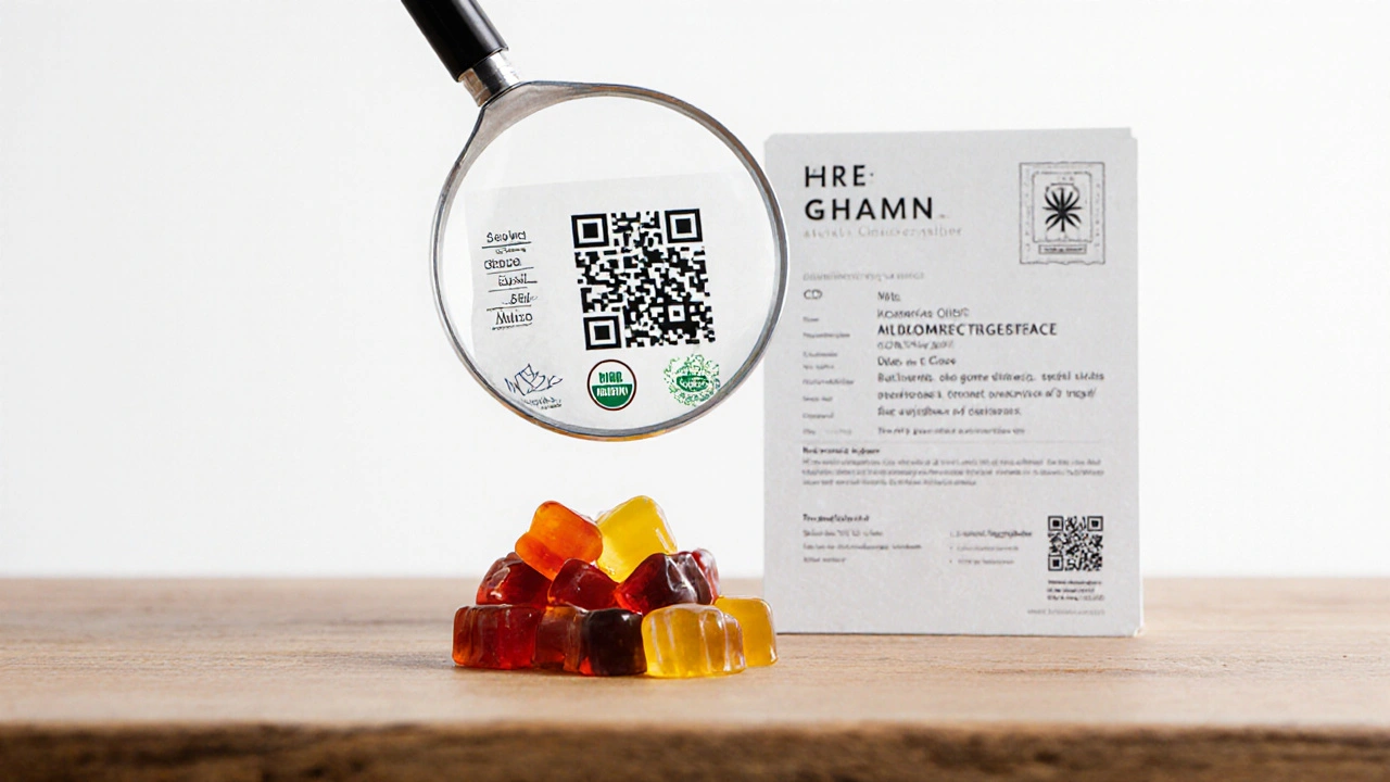 Hochwertige CBD-Gummis mit Laborzertifikat und natürlichen Zutaten auf Holztisch.