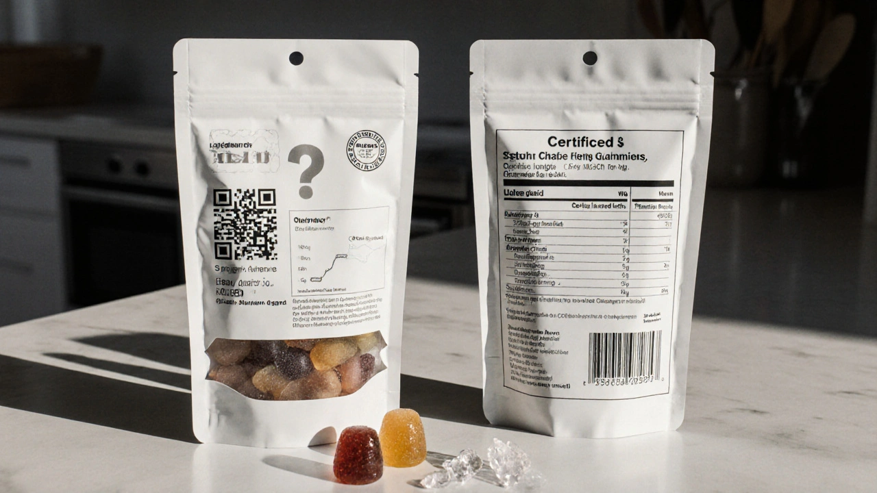 Küchentheke mit Hemp- und CBD-Gummis, deutlicher Kontrast zwischen unklarer und transparenter Kennzeichnung.