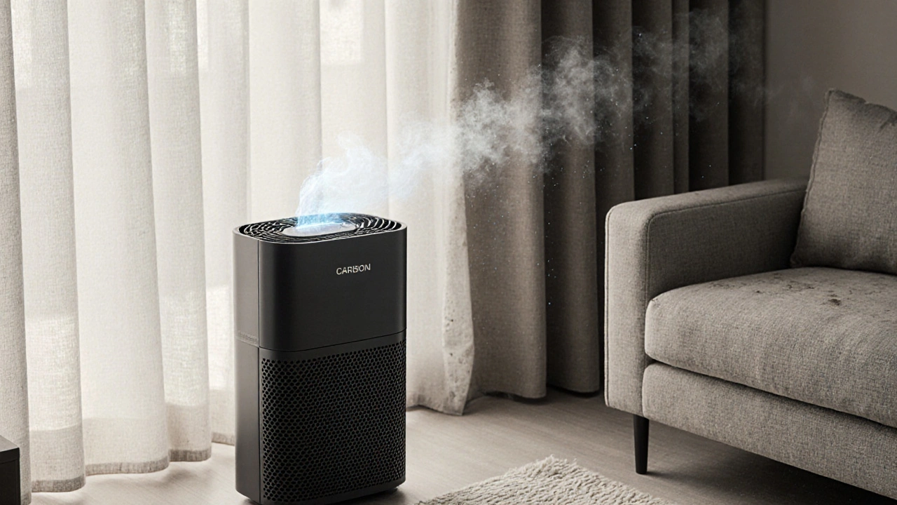 Luftreiniger mit Aktivkohlefilter reduziert den Geruch von HHC-Rauch in einem Wohnzimmer.