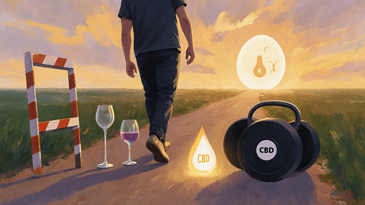 Mann geht einen Pfad mit ungesunden Gewohnheiten, CBD-Tropfen leuchtet sanft.