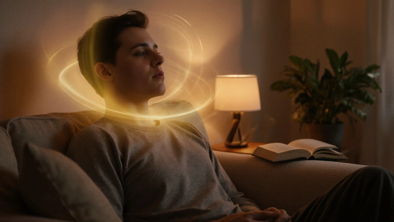 Mensch in ruhiger Pose mit sanftem Licht, das innere Balance symbolisiert.