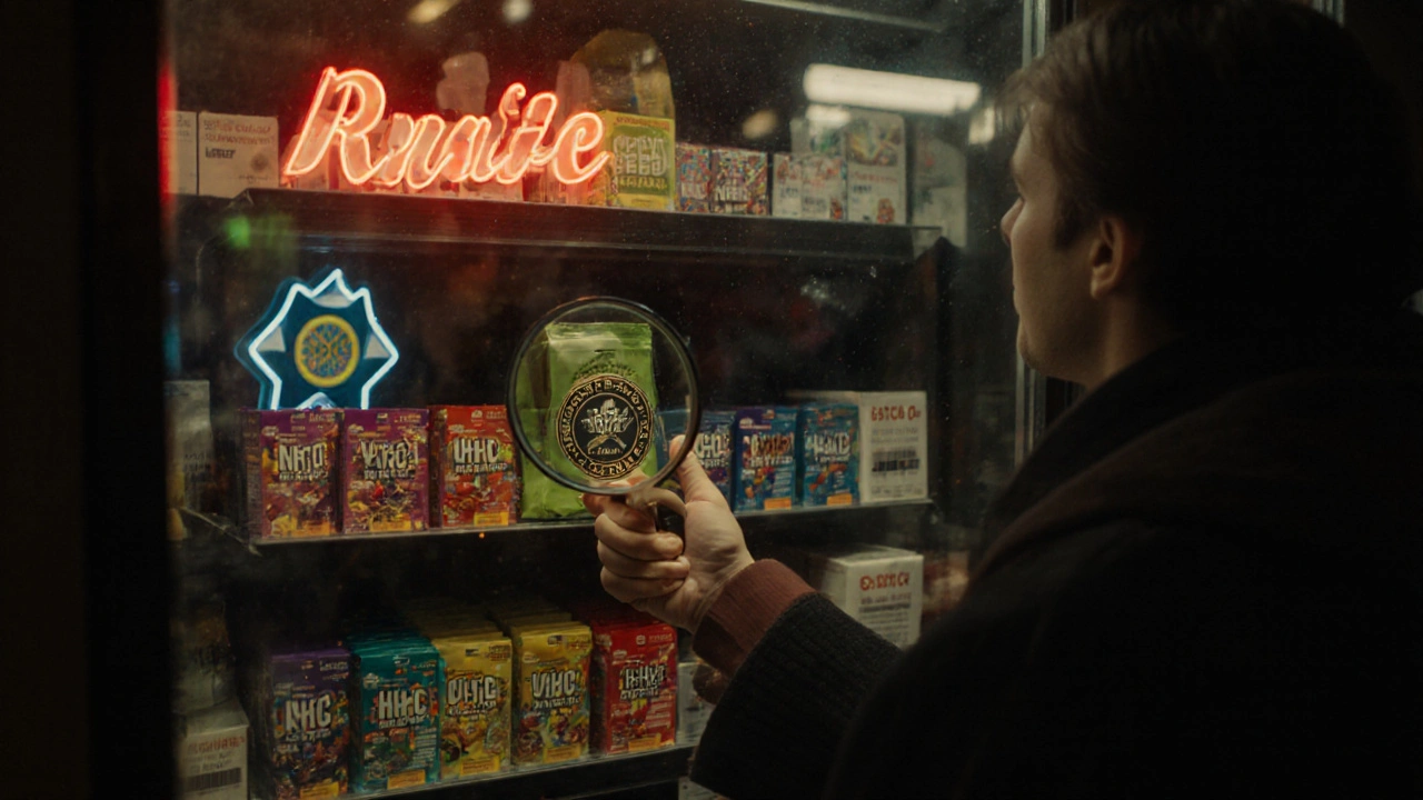 Mensch vor Regal mit HHC-Gummis und Vapes in einer Nacht-Confiseerie.