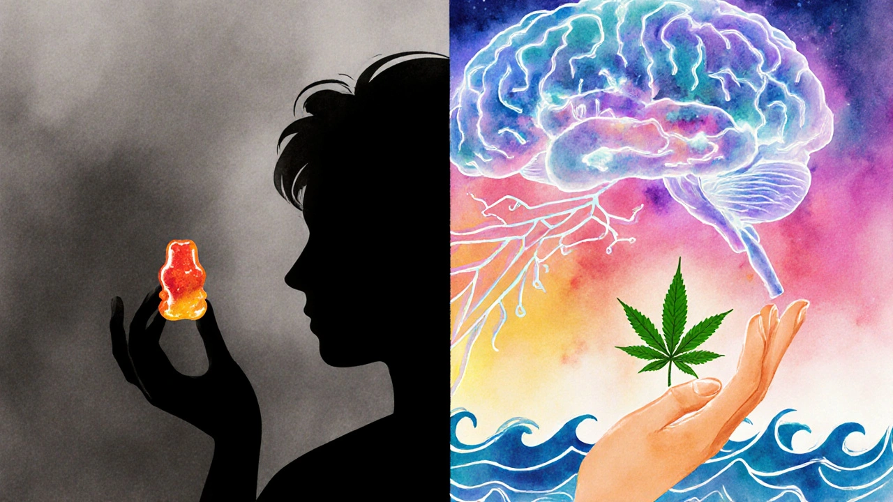 Menschliche Silhouette mit Hemp- und CBD-Gummis, Hintergrund zeigt Wirkung auf Körper und Geist.