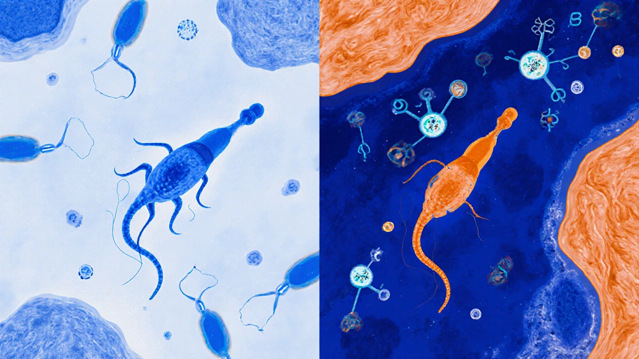 Mikroskopische Ansicht gesunder und beeinträchtigter Spermien mit CBD-Molekülen.