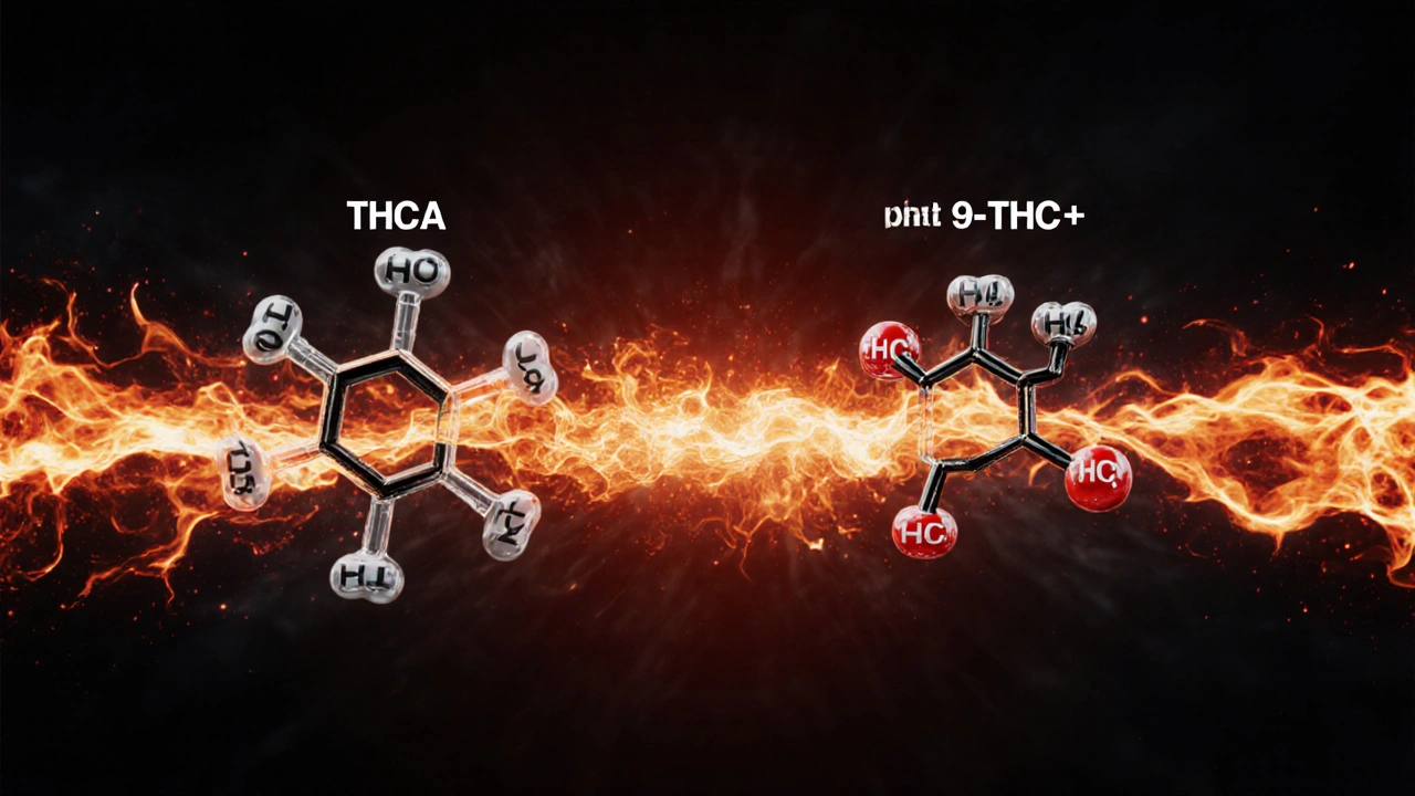 Molekulare Darstellung von THCA und Delta-9-THC mit Wärmequelle zwischen den Strukturen